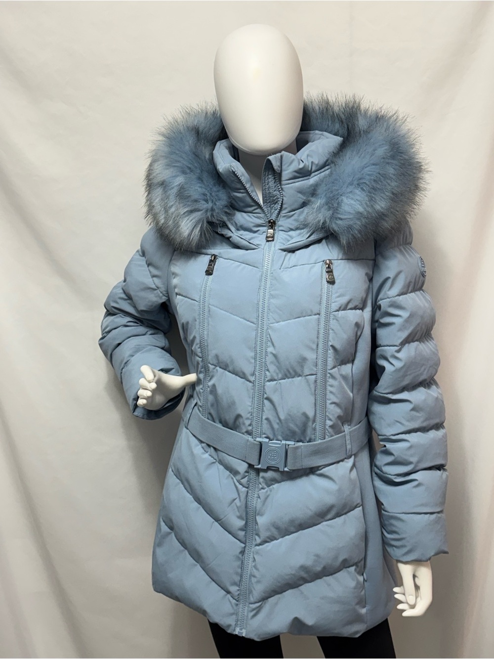 F.O.G. London Fog Chambray Faux Fur Trim Hood Belted Puffer Coat